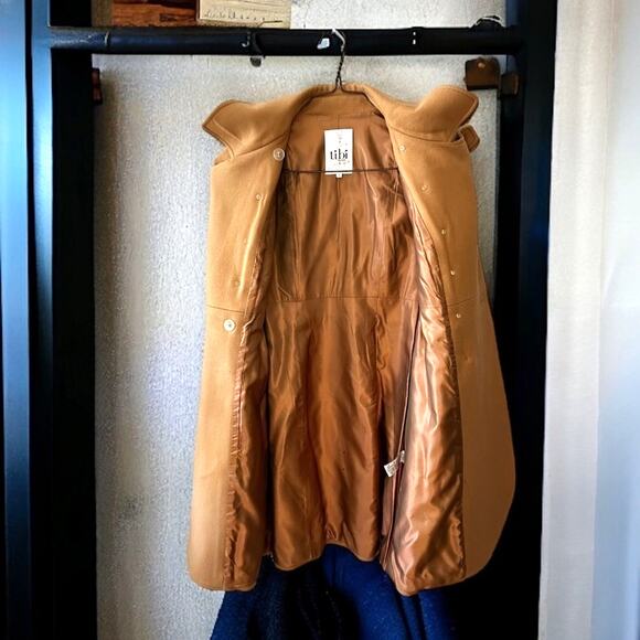Tibi Women’s 4 Camel Wool Pea Coat Ruffle Detail Button Designer Jacket - Picture 3 of 7